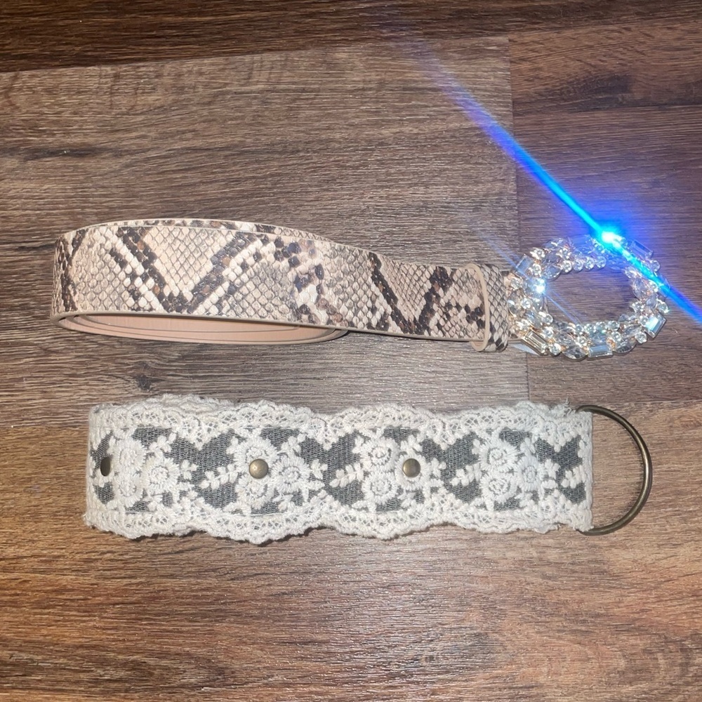 Two Belts: Snakeprint with Embellished Buckle and Fabric Belt Size Small/Medium